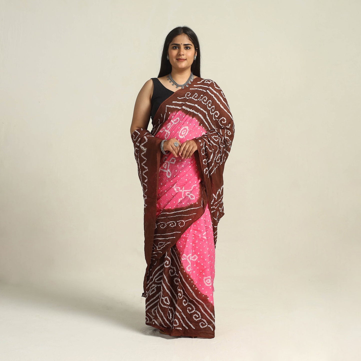 Brown - Kutch Bandhani Tie-Dye Cotton Saree with Blouse Piece