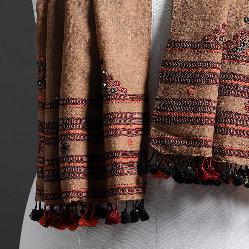 Brown - Kutch Embroidery Handwoven Mirror Work Merino Woolen Stole 06