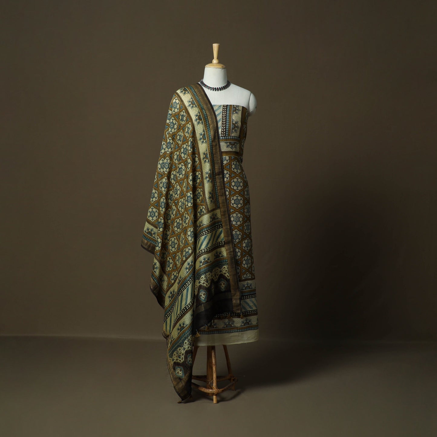 Kutch hand block ajrakh print natural dyed chanderi silk