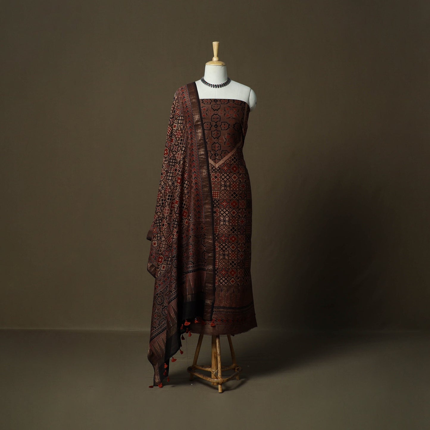 Kutch hand block ajrakh print natural dyed chanderi silk
