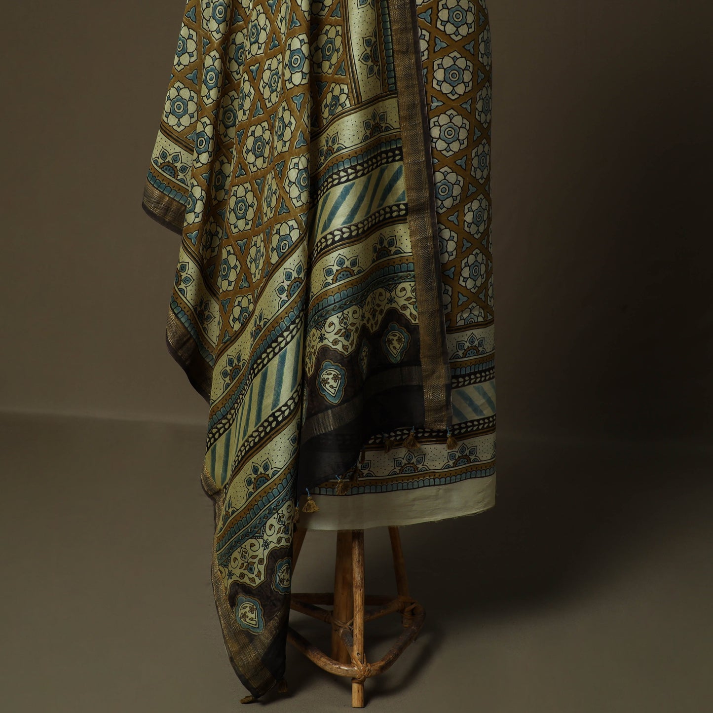Kutch hand block ajrakh print natural dyed chanderi silk