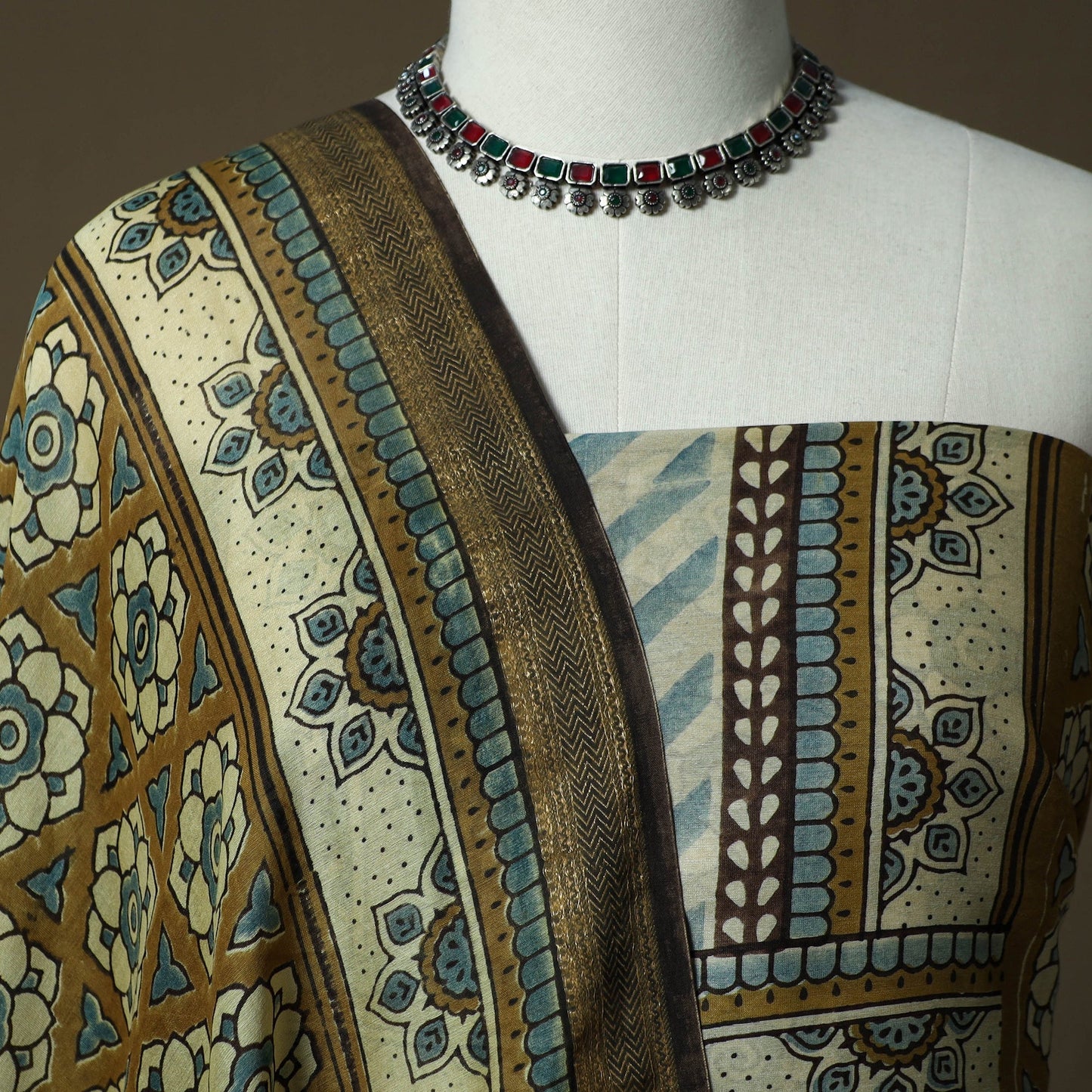 Kutch hand block ajrakh print natural dyed chanderi silk