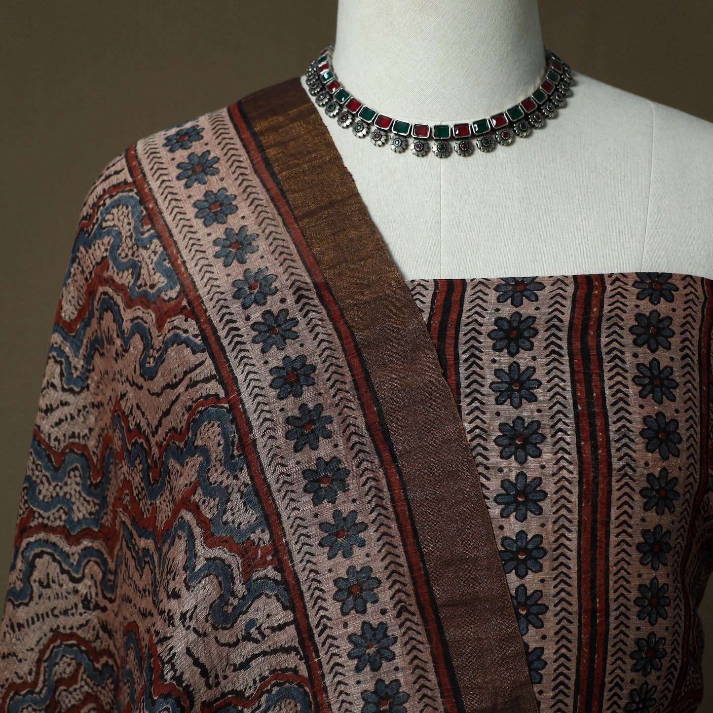 Kutch hand block ajrakh print natural dyed linen 2pc