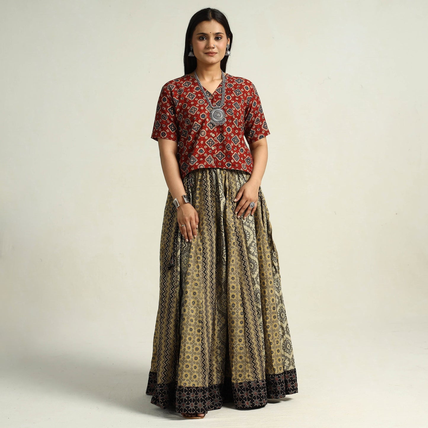 Brown - kutch printed 24 kali cotton long skirt 34