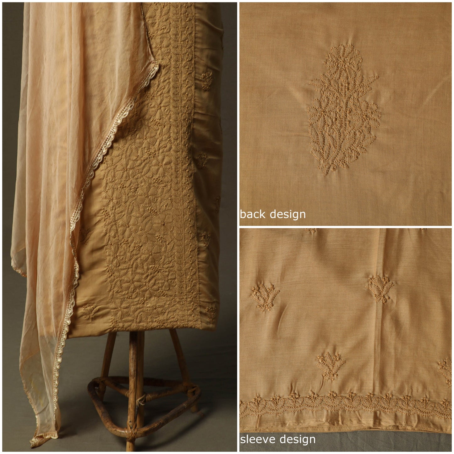 Brown - lucknowi hand embroidered cotton chikankari 3pc