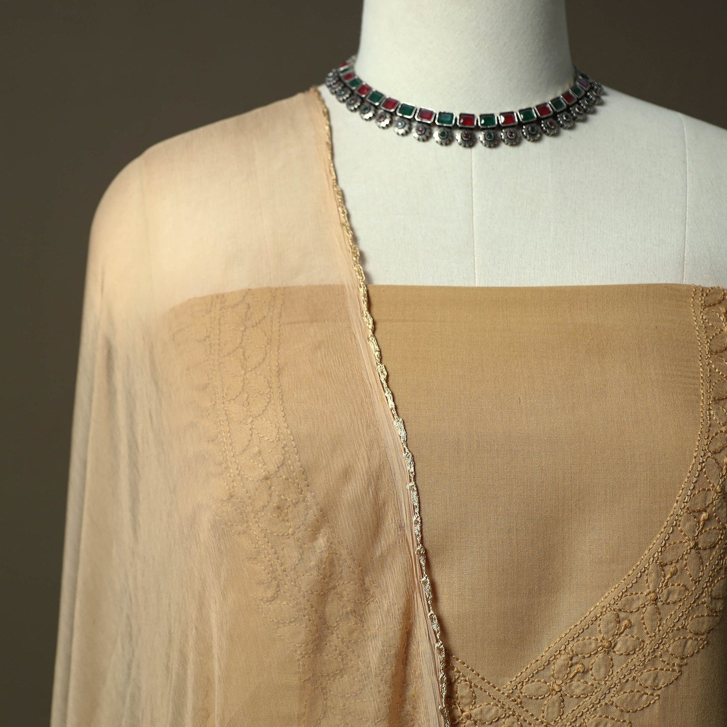 Brown - lucknowi hand embroidered cotton chikankari 3pc