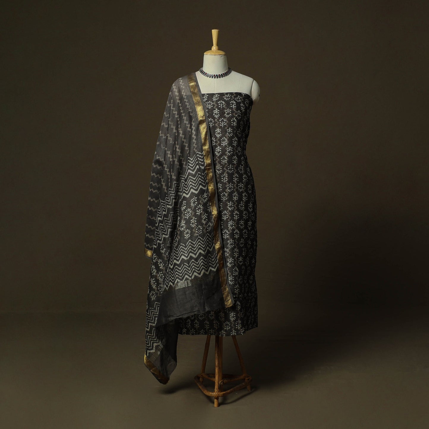 Maheshwari silk hand block bagru print 3pc unstitched dress