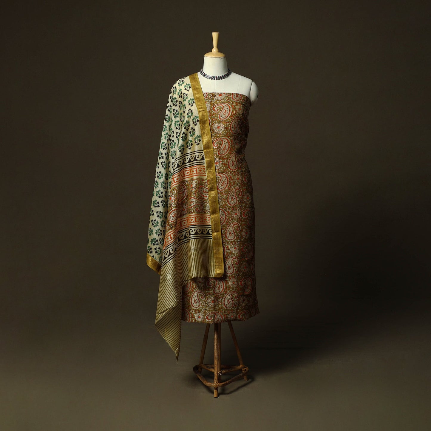 Maheshwari silk hand block bagru print 3pc unstitched dress