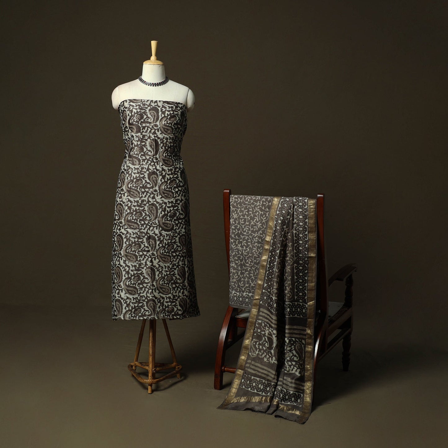 Maheshwari silk hand block bagru print 3pc unstitched dress