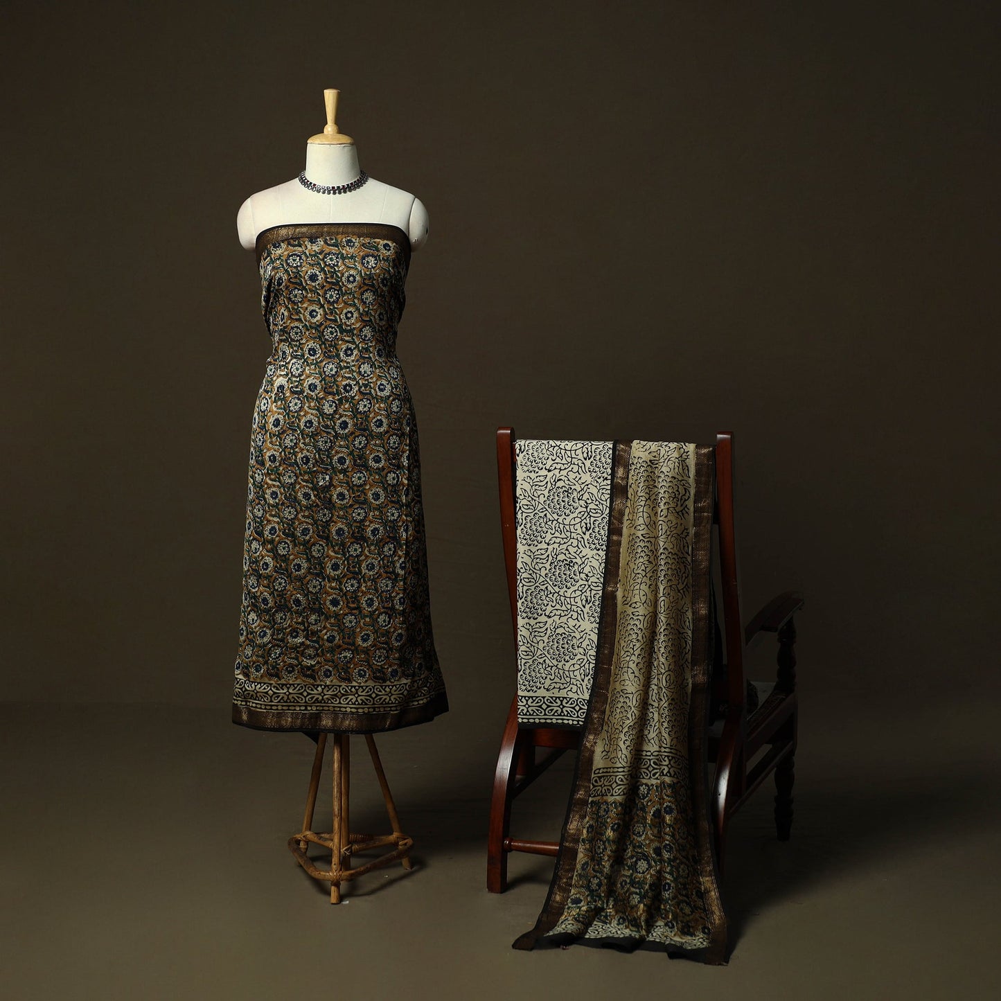 Maheshwari silk hand block bagru print 3pc unstitched dress