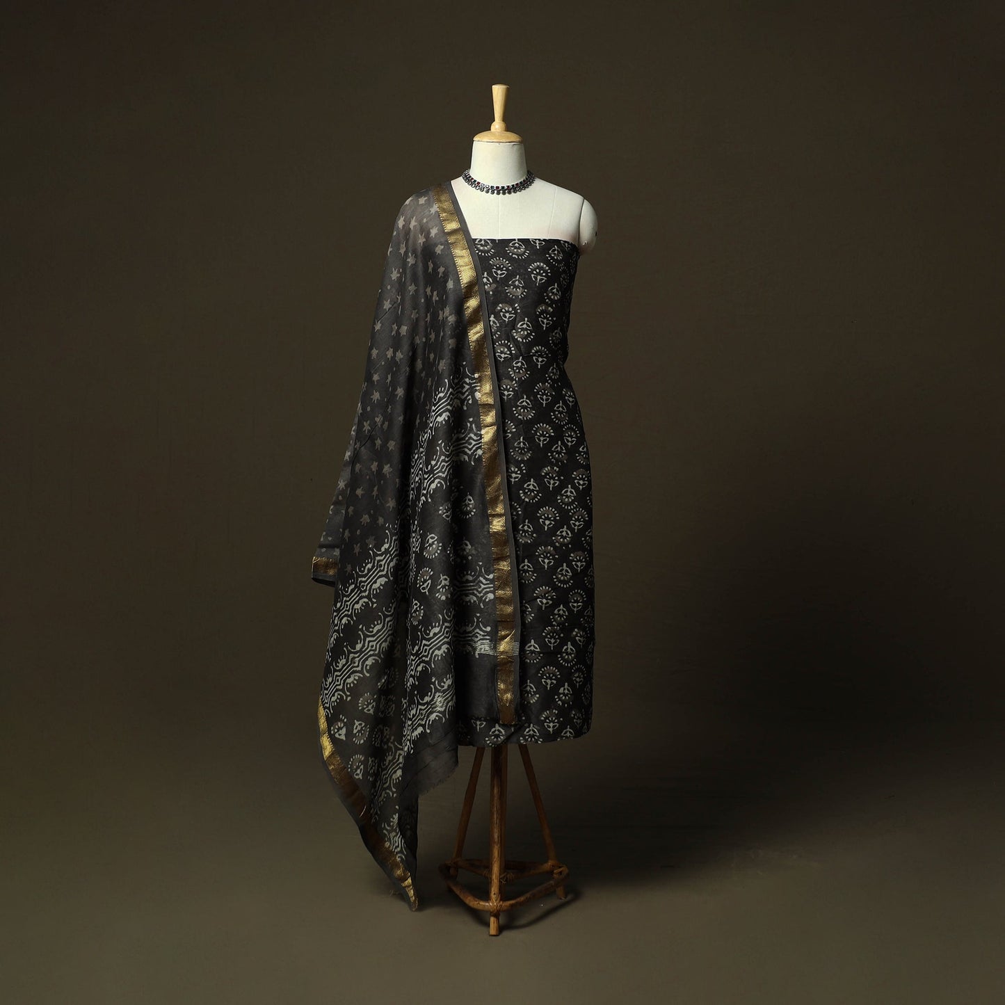 Maheshwari silk hand block bagru print 3pc unstitched dress
