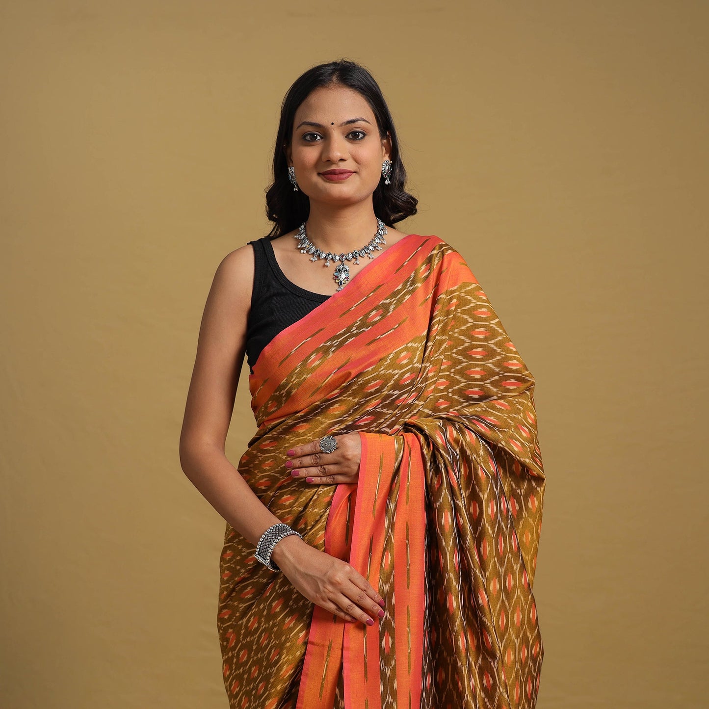 Brown Mercerised Cotton Handloom Pochampally Ikat Saree