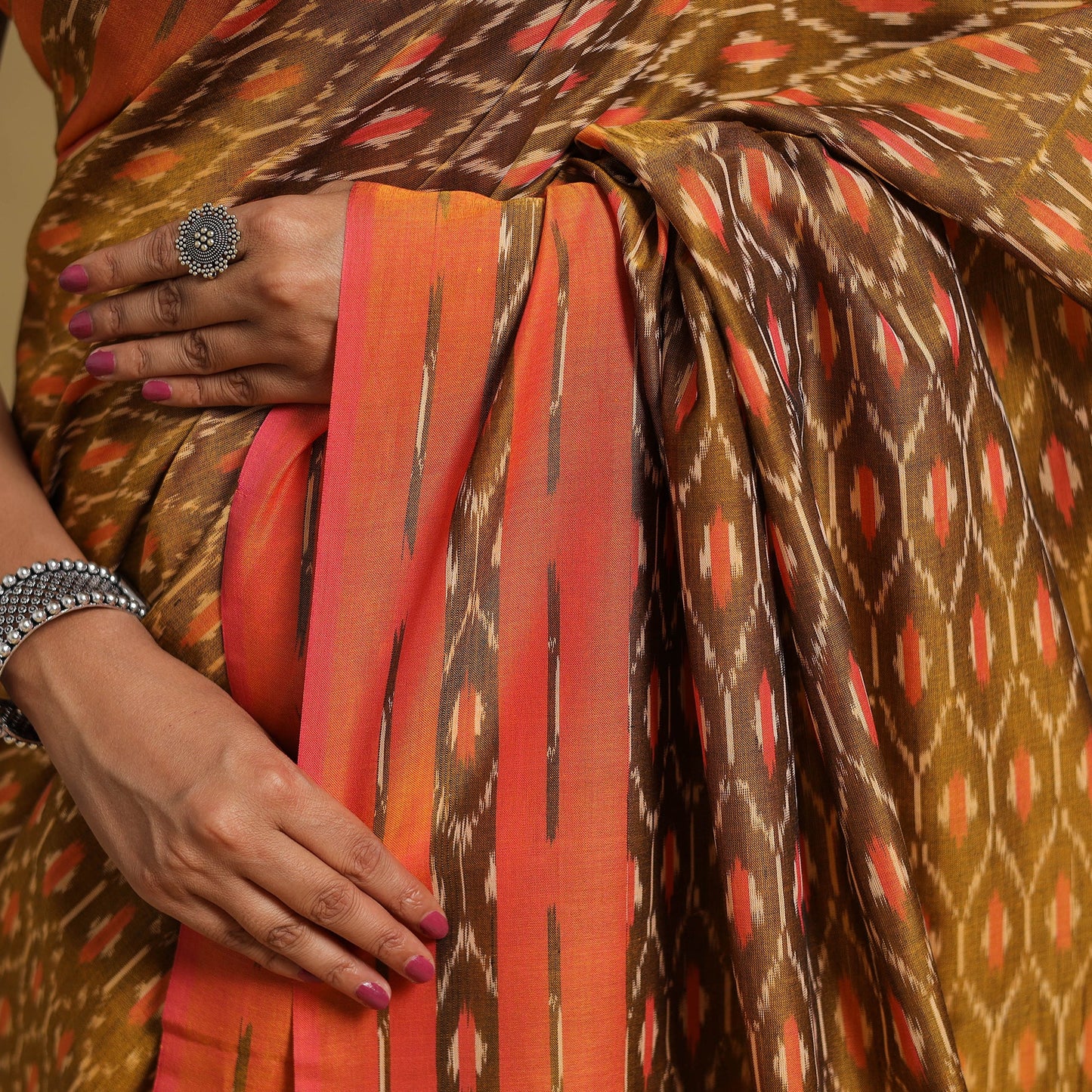 Brown Mercerised Cotton Handloom Pochampally Ikat Saree