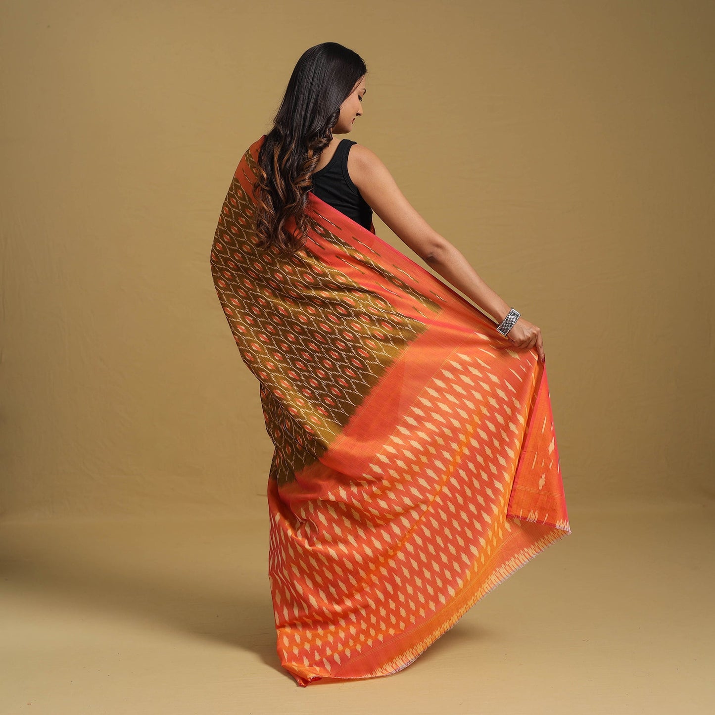 Brown Mercerised Cotton Handloom Pochampally Ikat Saree
