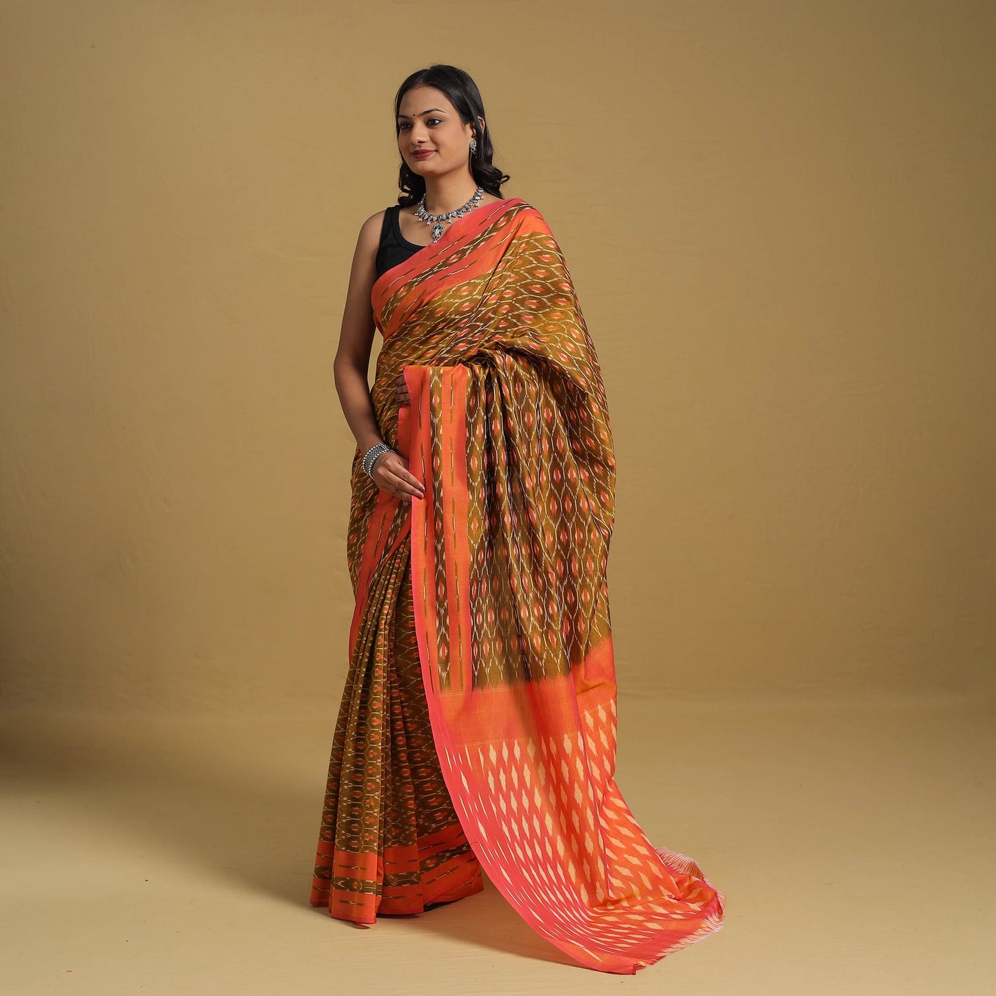 Brown Mercerised Cotton Handloom Pochampally Ikat Saree