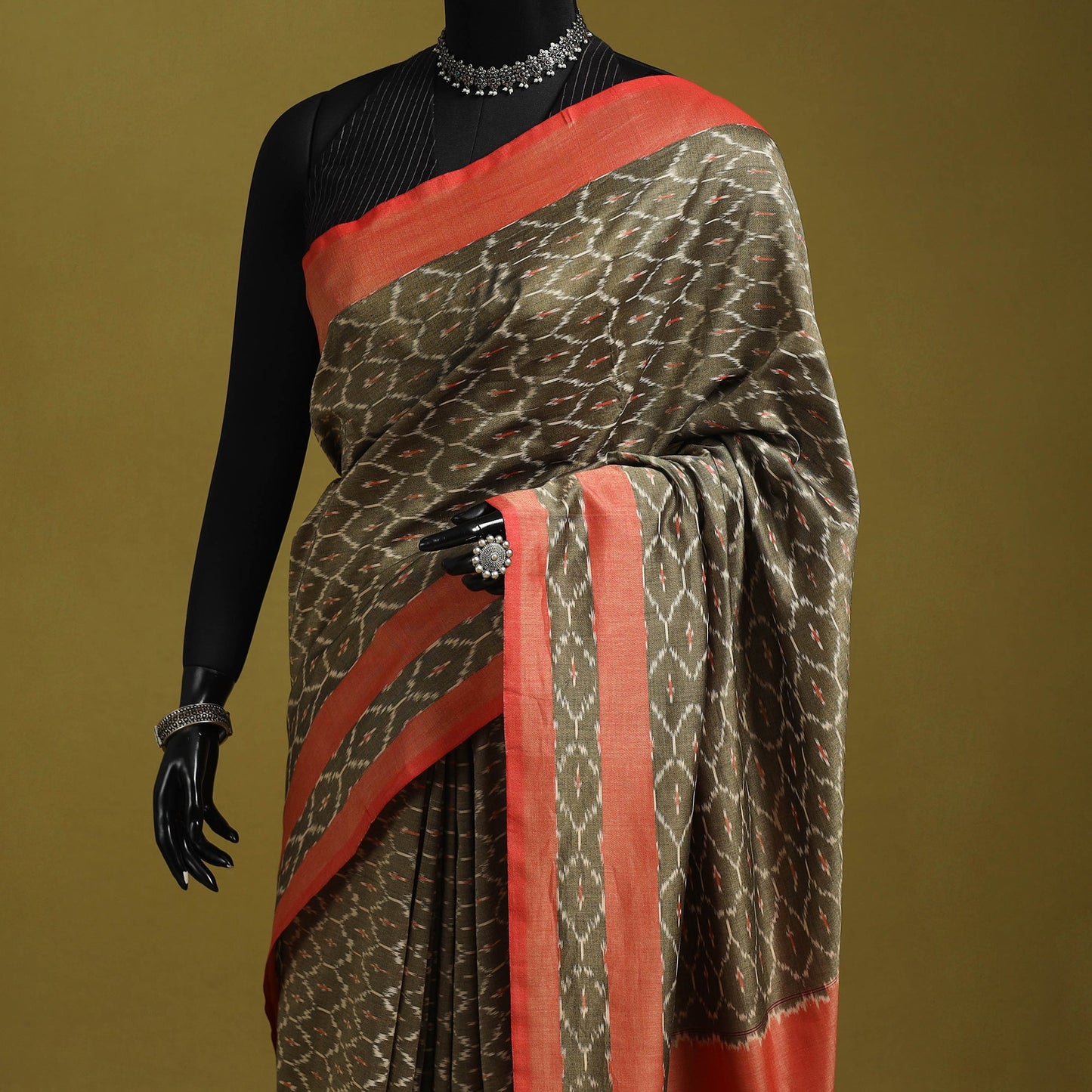 Brown - mercerised cotton handloom pochampally ikat saree