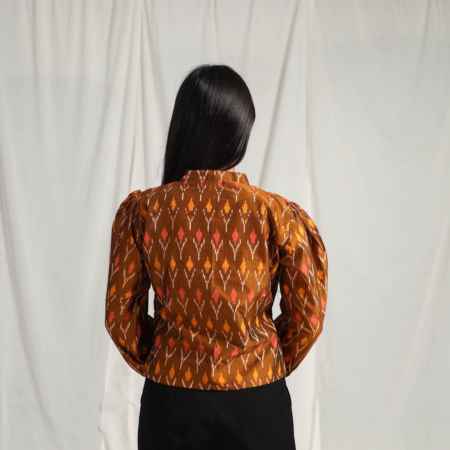 Brown Mercerised Cotton Pochampally Ikat Crop Top