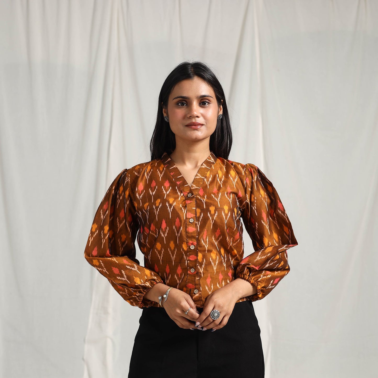 Brown Mercerised Cotton Pochampally Ikat Crop Top