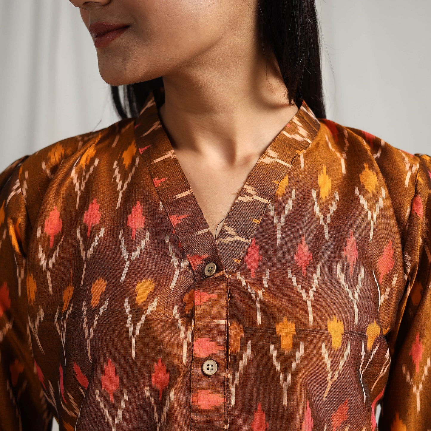 Brown Mercerised Cotton Pochampally Ikat Crop Top