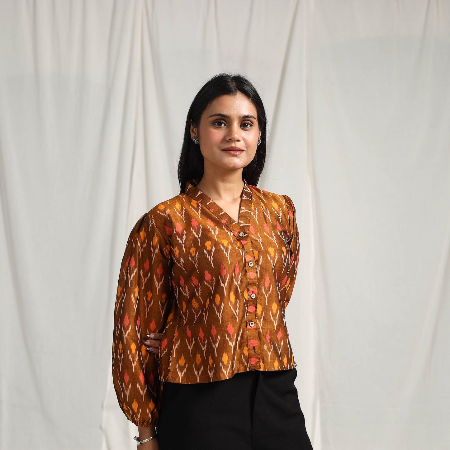 Brown Mercerised Cotton Pochampally Ikat Crop Top