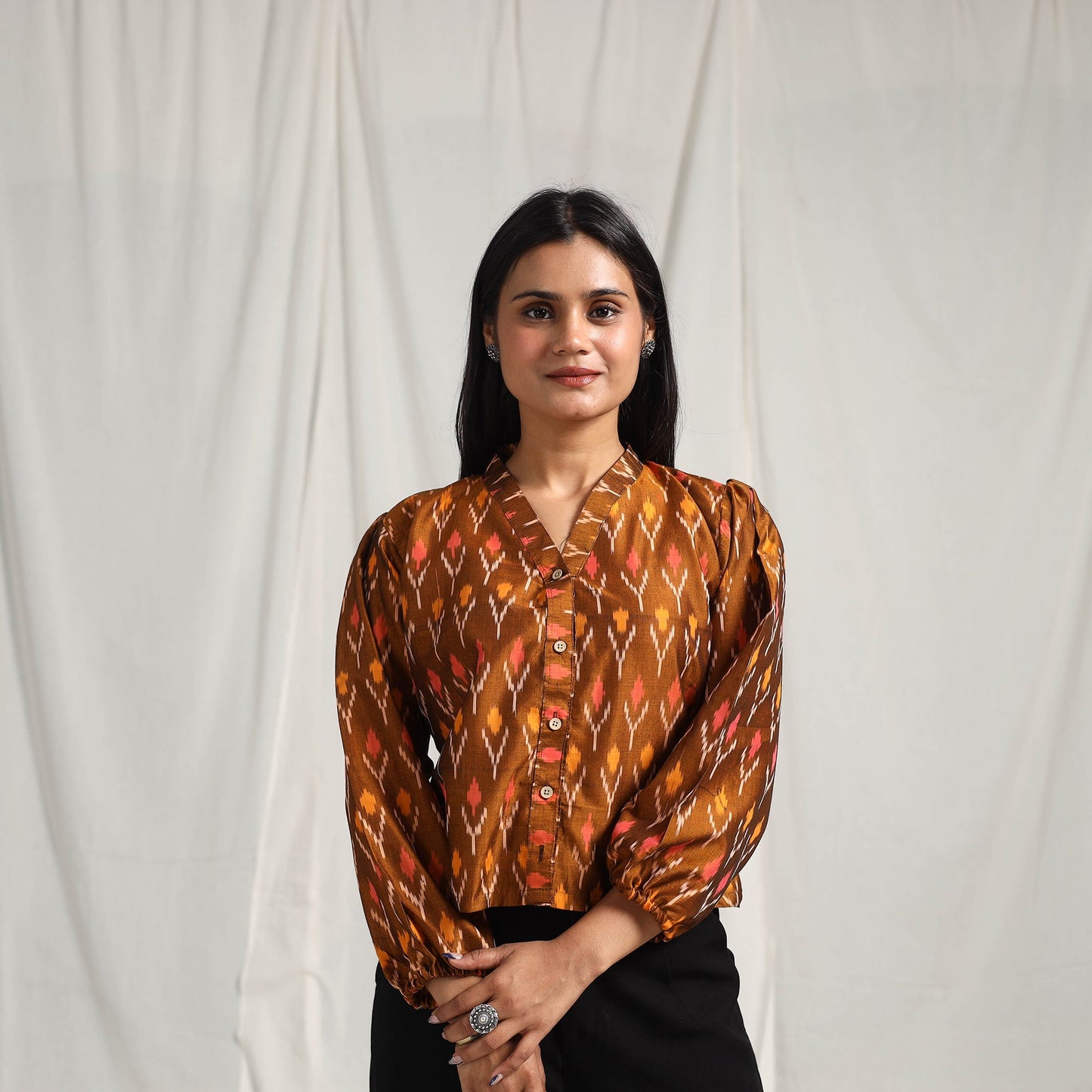 Brown Mercerised Cotton Pochampally Ikat Crop Top