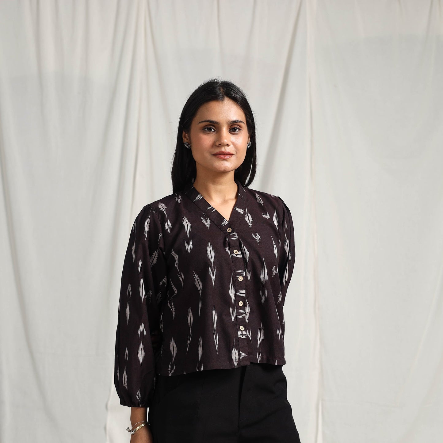 Brown Mercerised Cotton Pochampally Ikat Crop Top