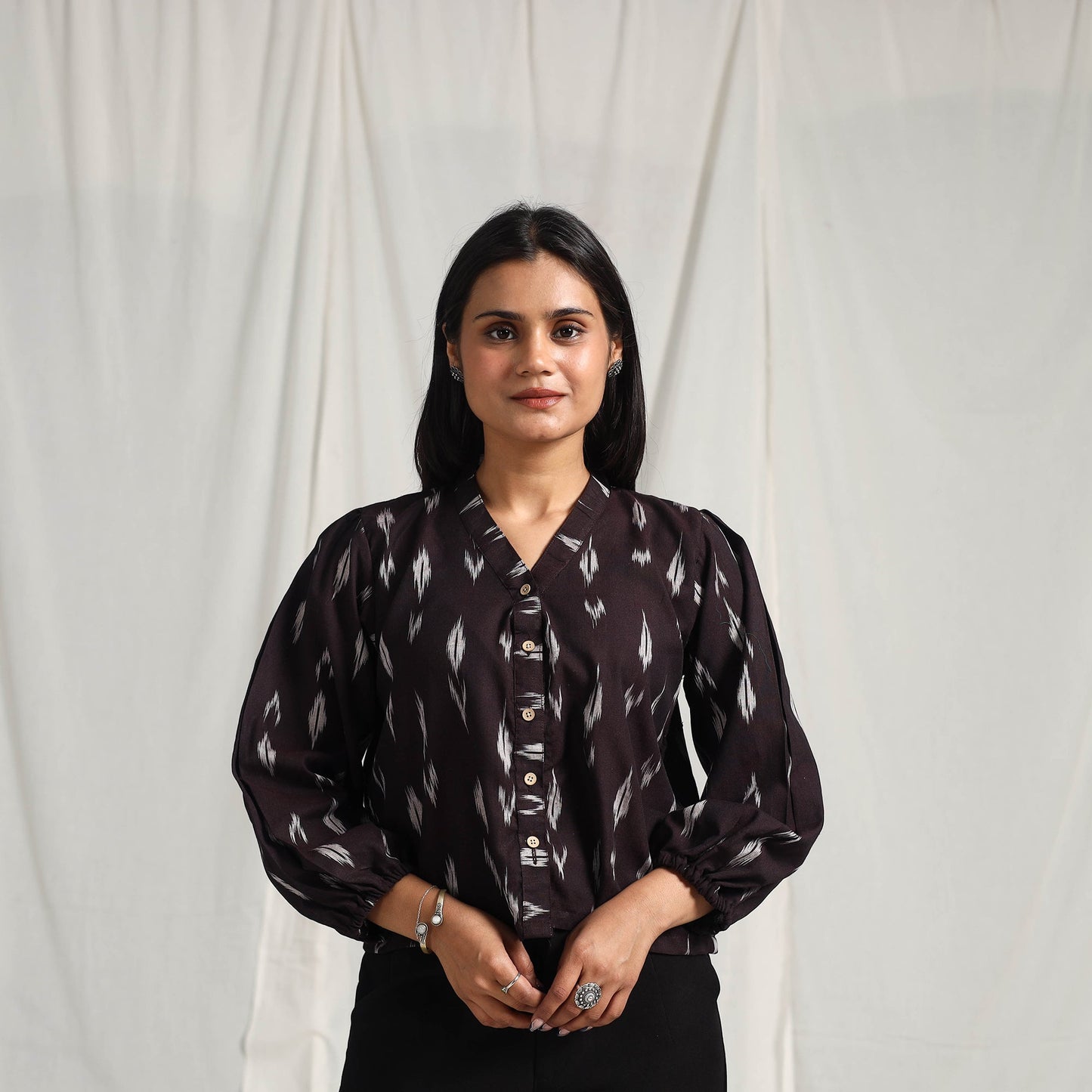 Brown Mercerised Cotton Pochampally Ikat Crop Top