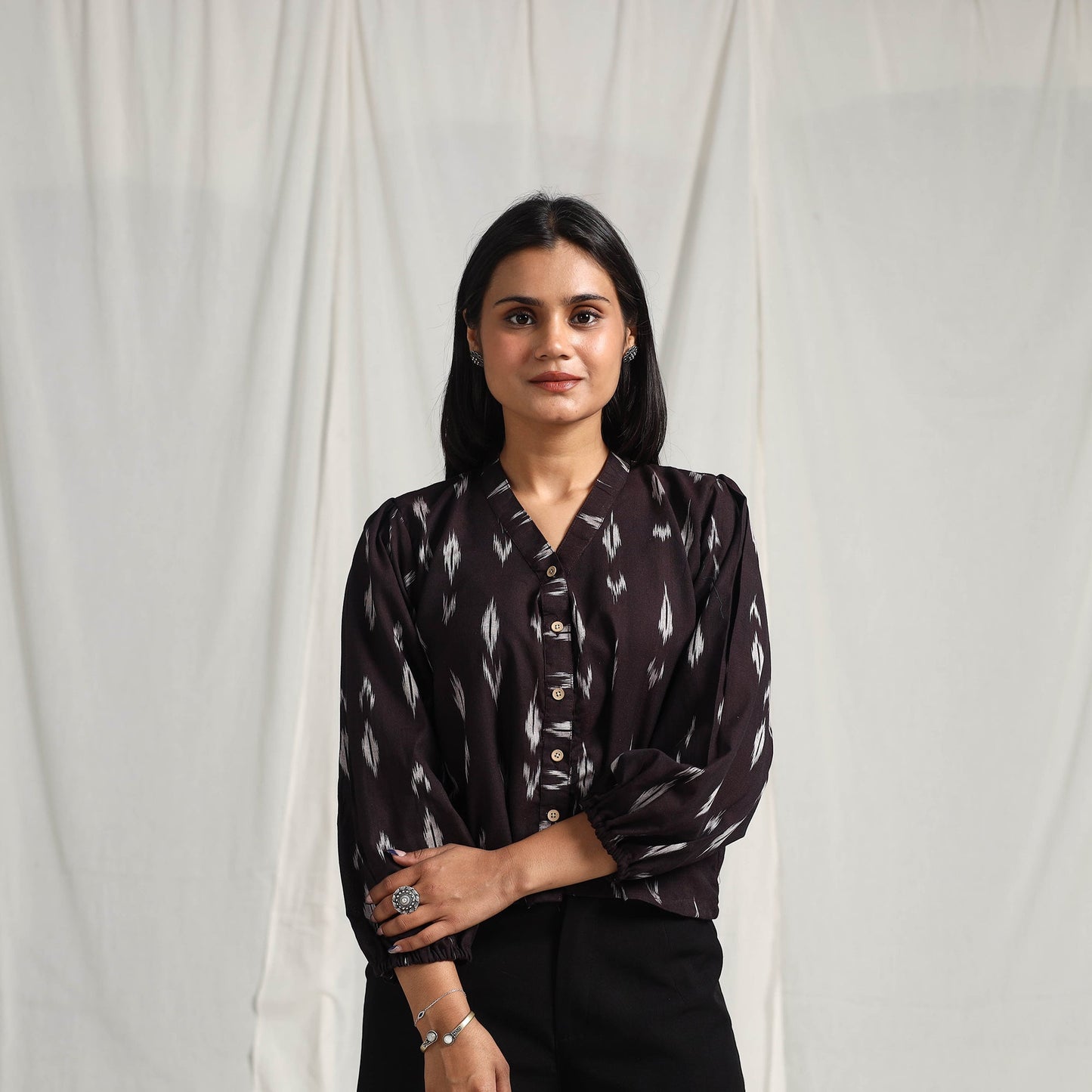 Brown Mercerised Cotton Pochampally Ikat Crop Top
