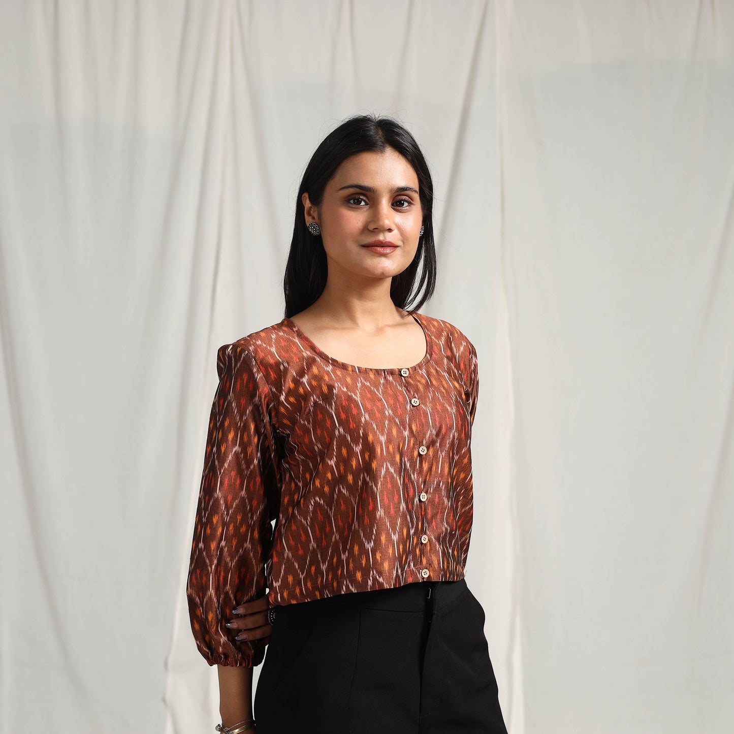 Buy Brown Mercerised Cotton Pochampally Ikat Crop Top