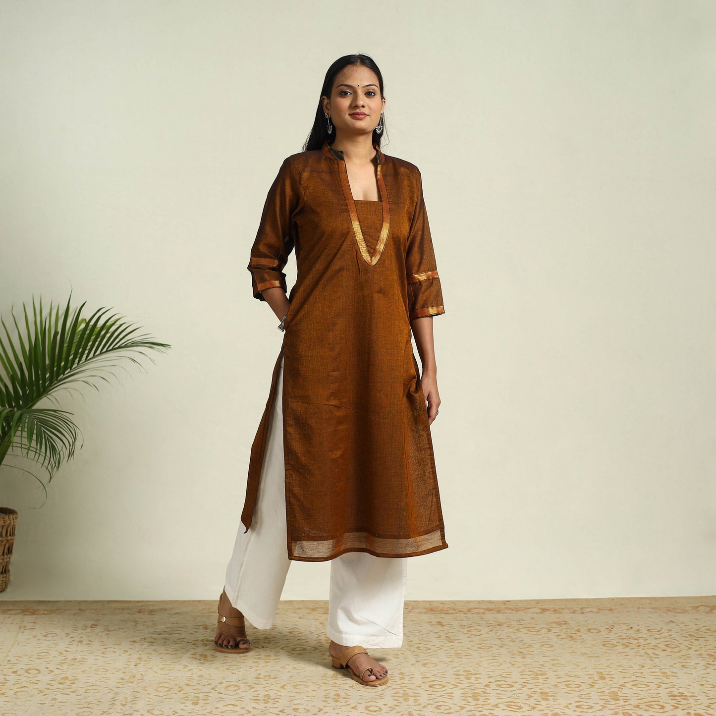 Brown Mercerised Cotton Straight Dharwad Kurta