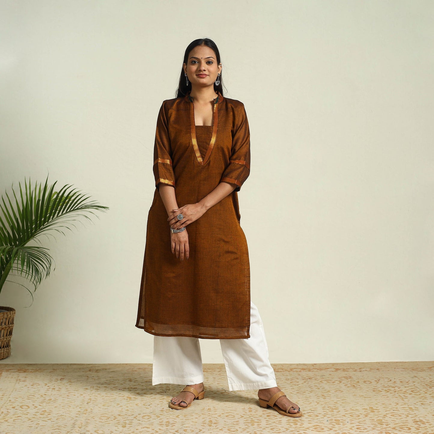 Brown Mercerised Cotton Straight Dharwad Kurta