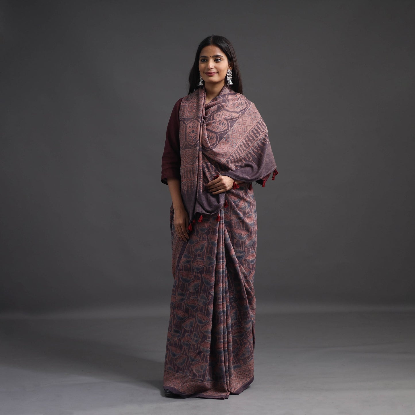 Brown Merino Wool Block Print Ajrakh Saree with Tassels