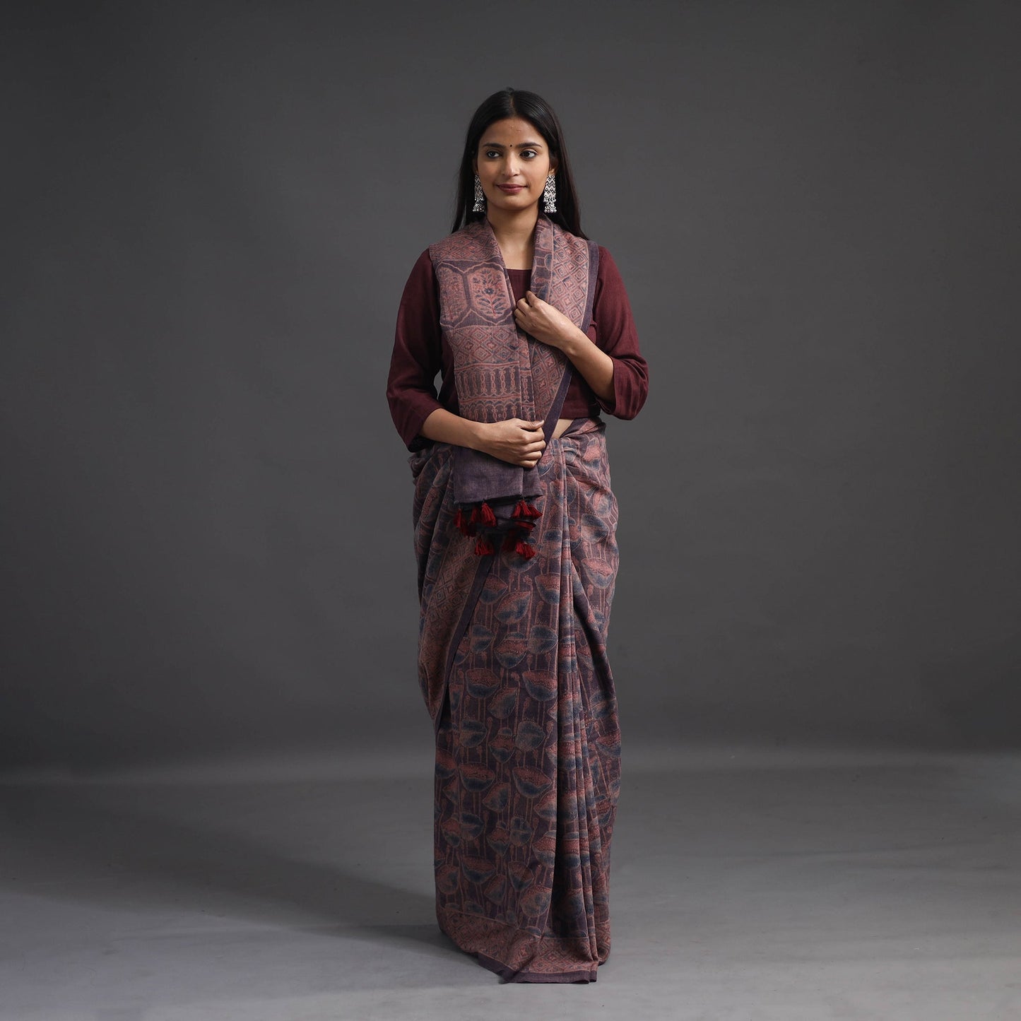 Brown Merino Wool Block Print Ajrakh Saree with Tassels