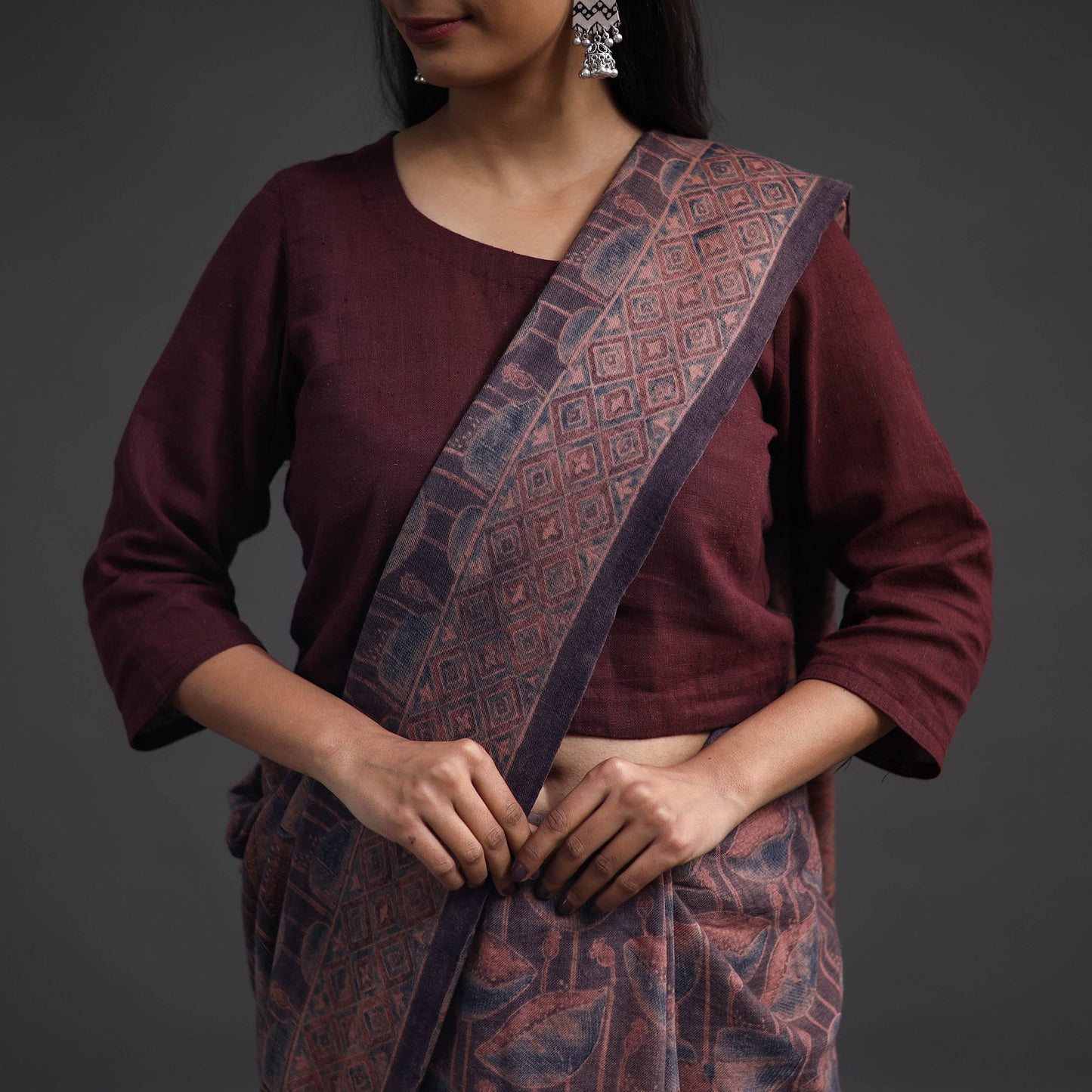 Brown Merino Wool Block Print Ajrakh Saree with Tassels