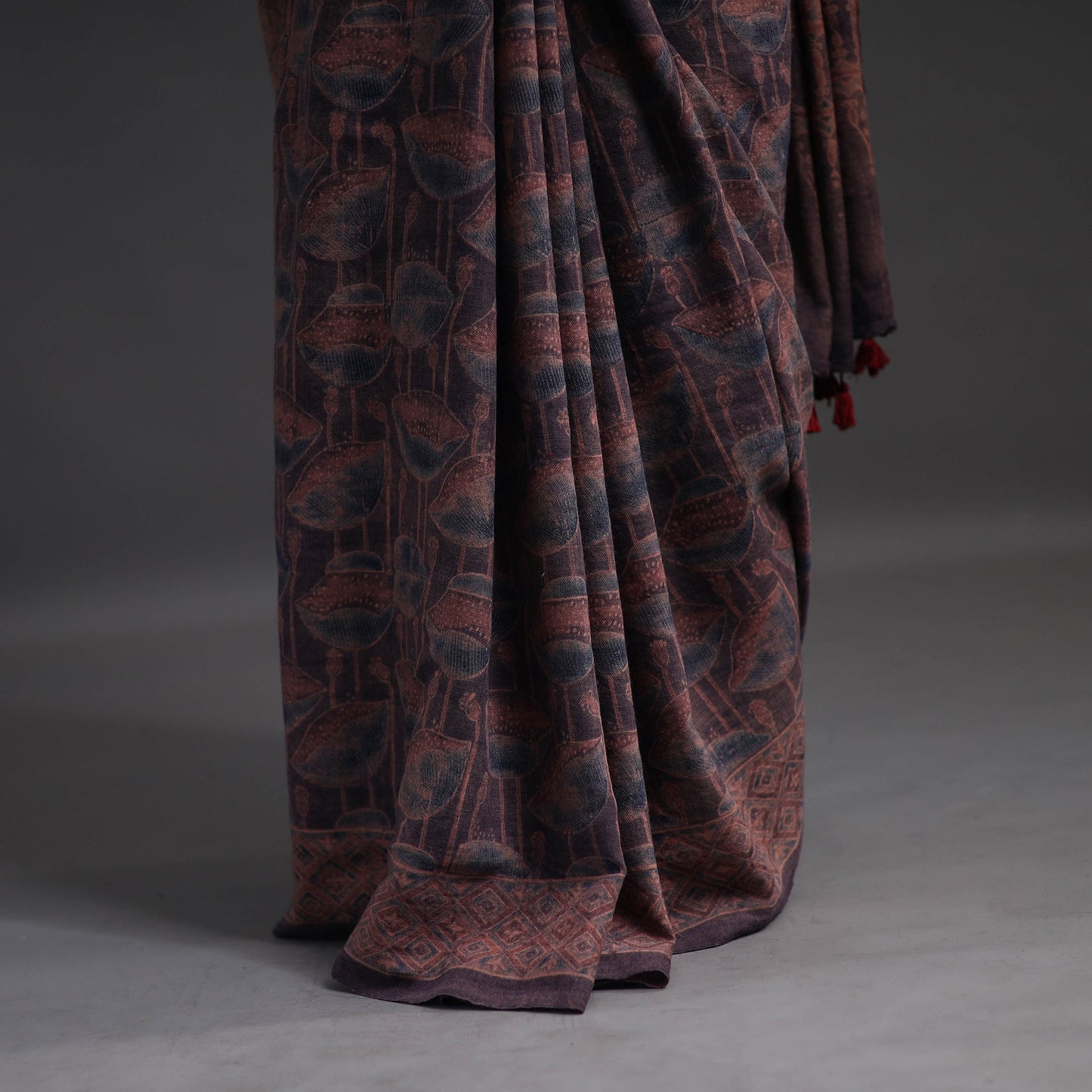 Brown Merino Wool Block Print Ajrakh Saree with Tassels