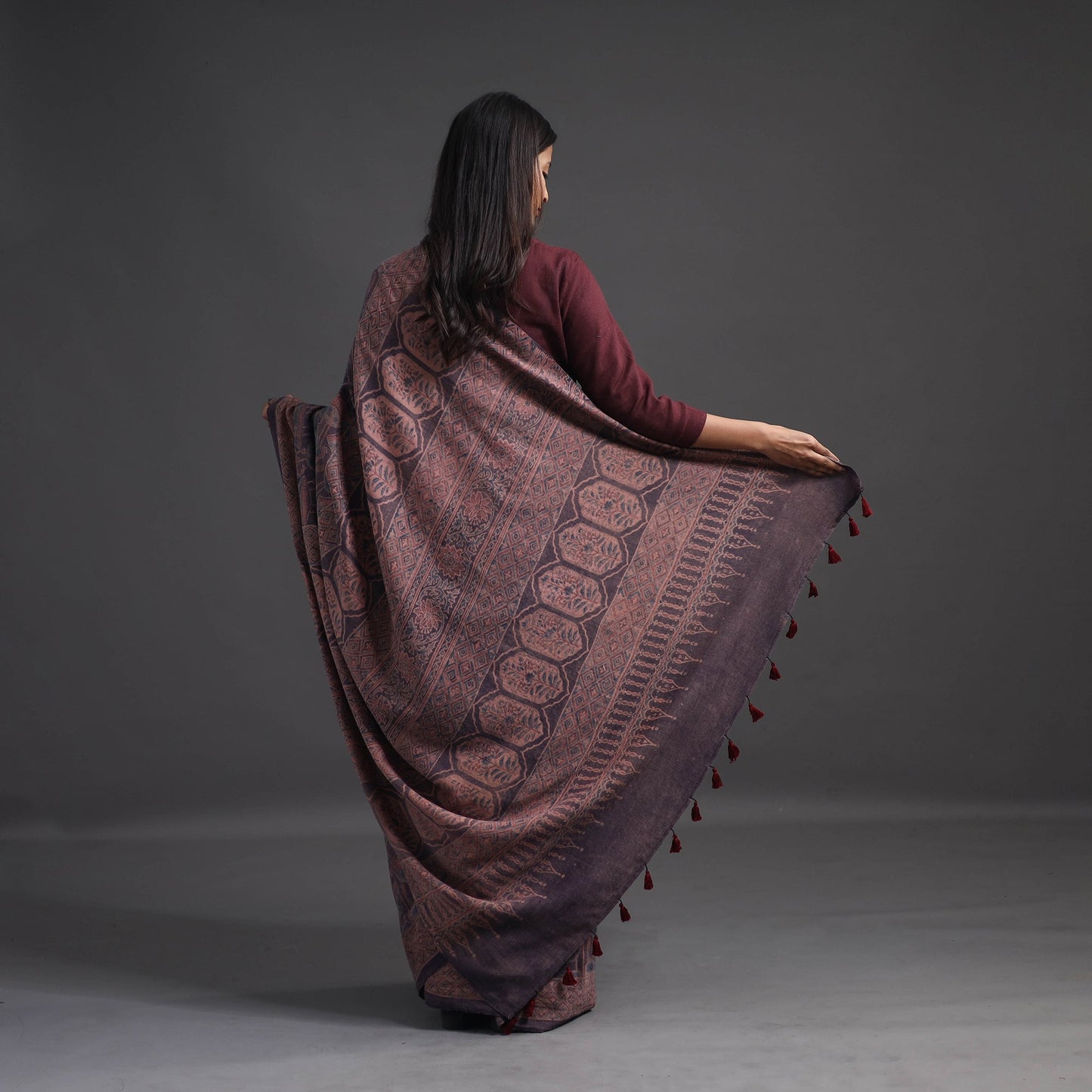 Brown Merino Wool Block Print Ajrakh Saree with Tassels