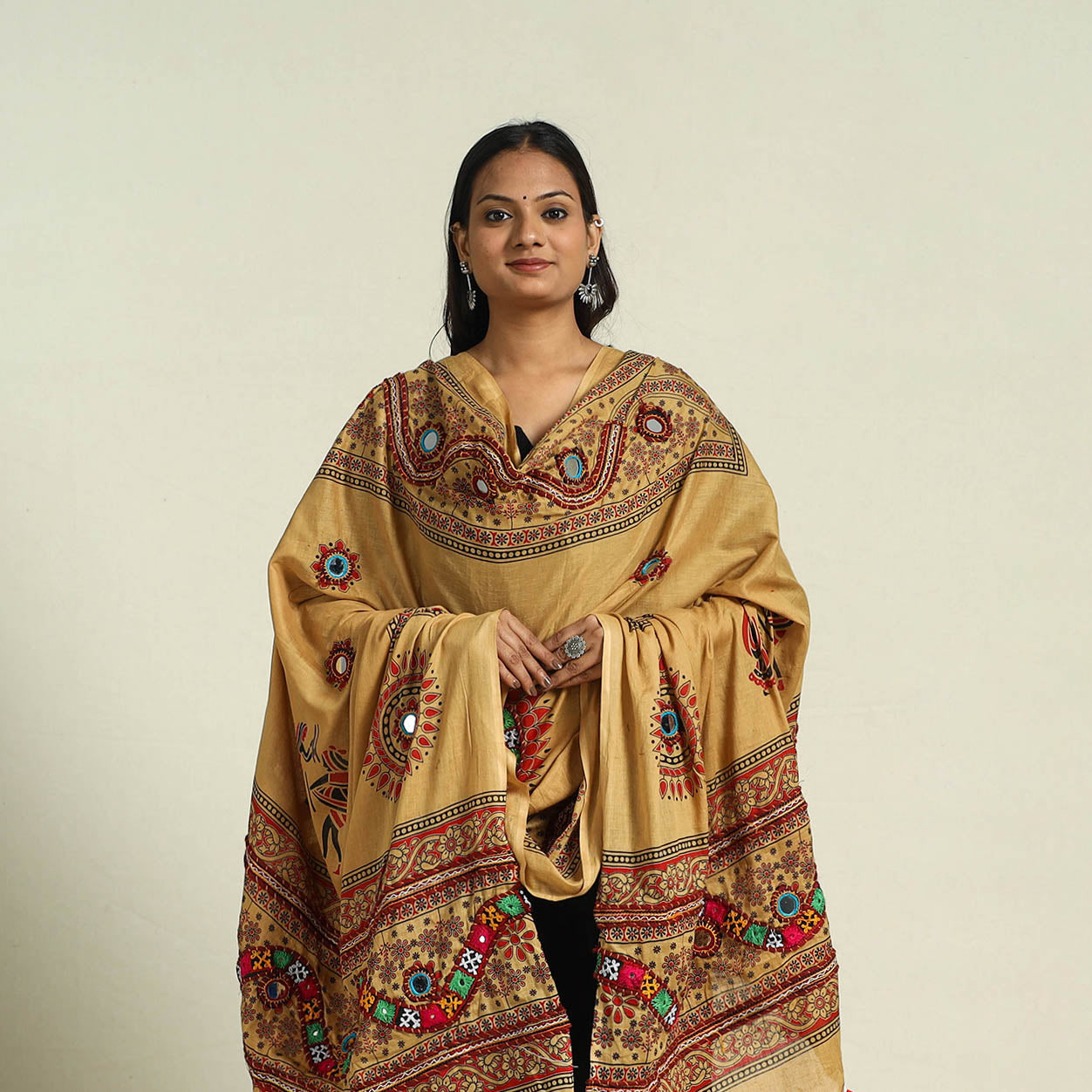 Buy Brown Mirror Work Printed Cotton Kutch Embroidery Dupatta