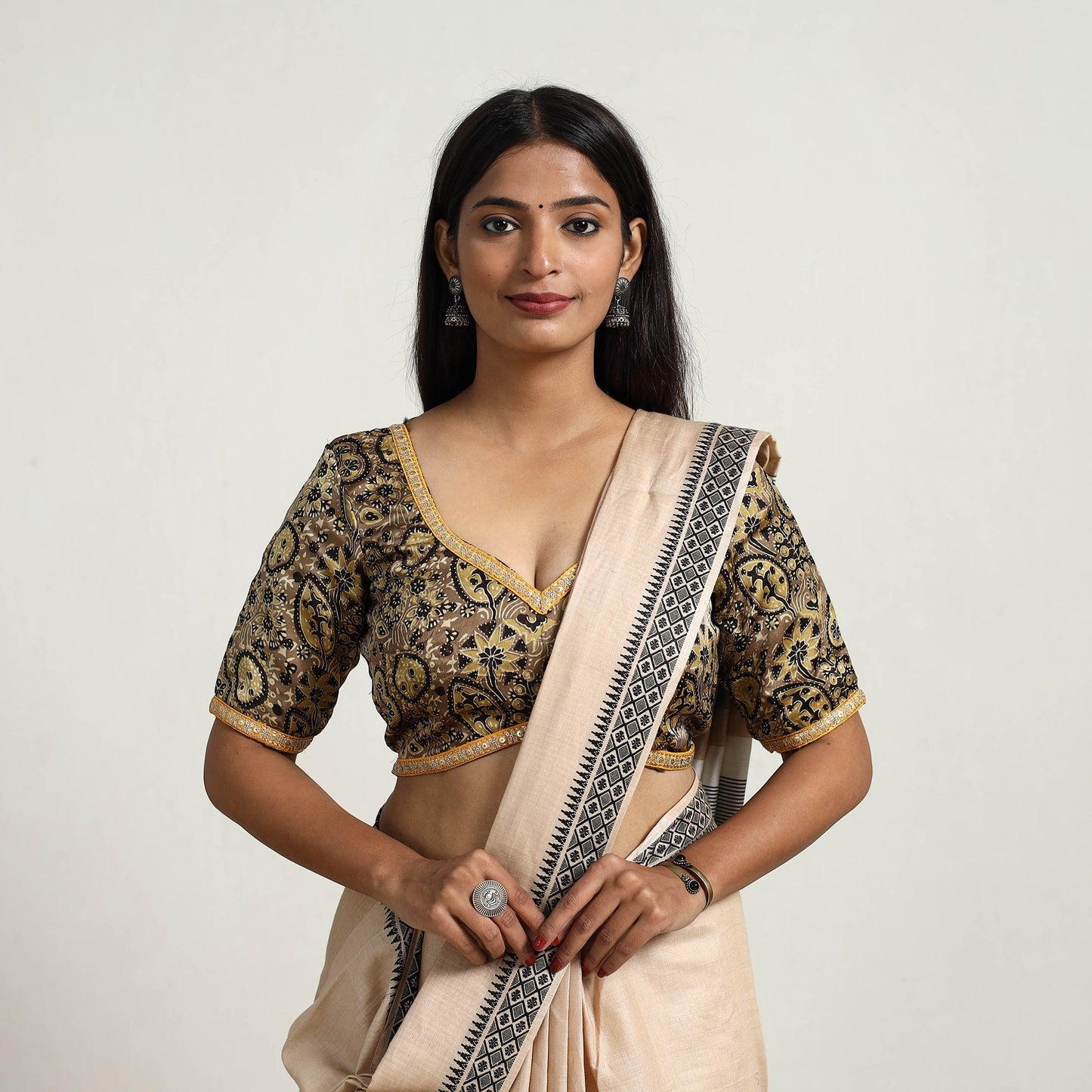 Brown Modal Silk Block Print Stitched Ajrakh Blouse