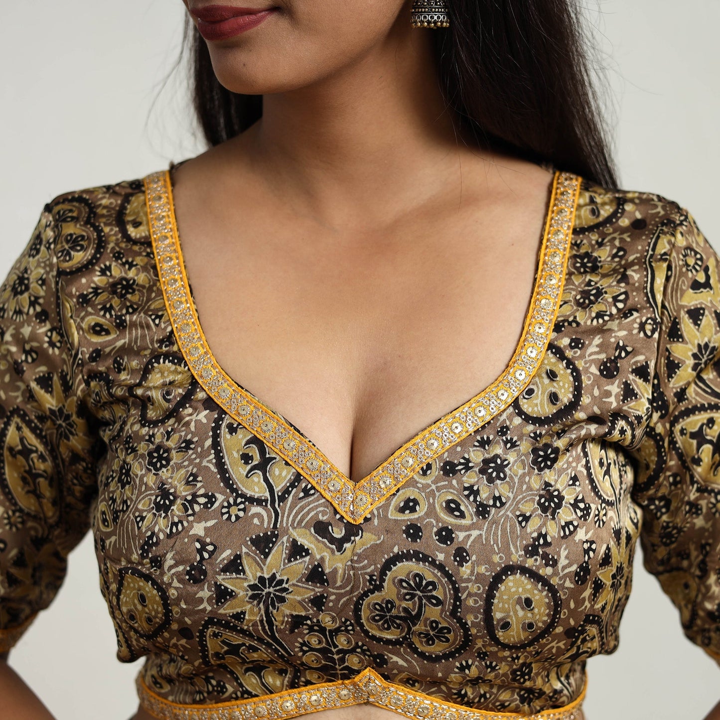 Brown Modal Silk Block Print Stitched Ajrakh Blouse