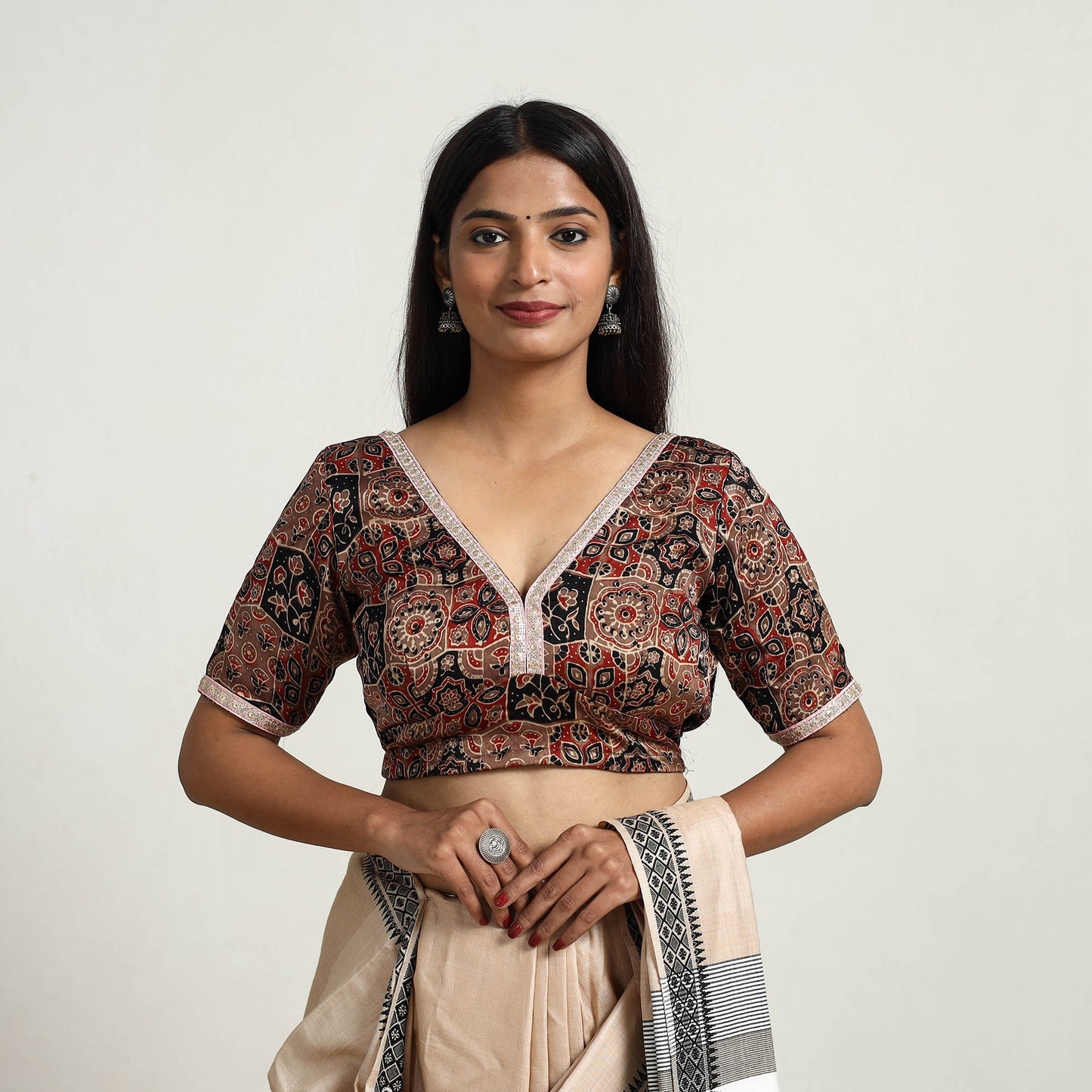 Brown - modal silk stitched blouse 09 - handcrafted