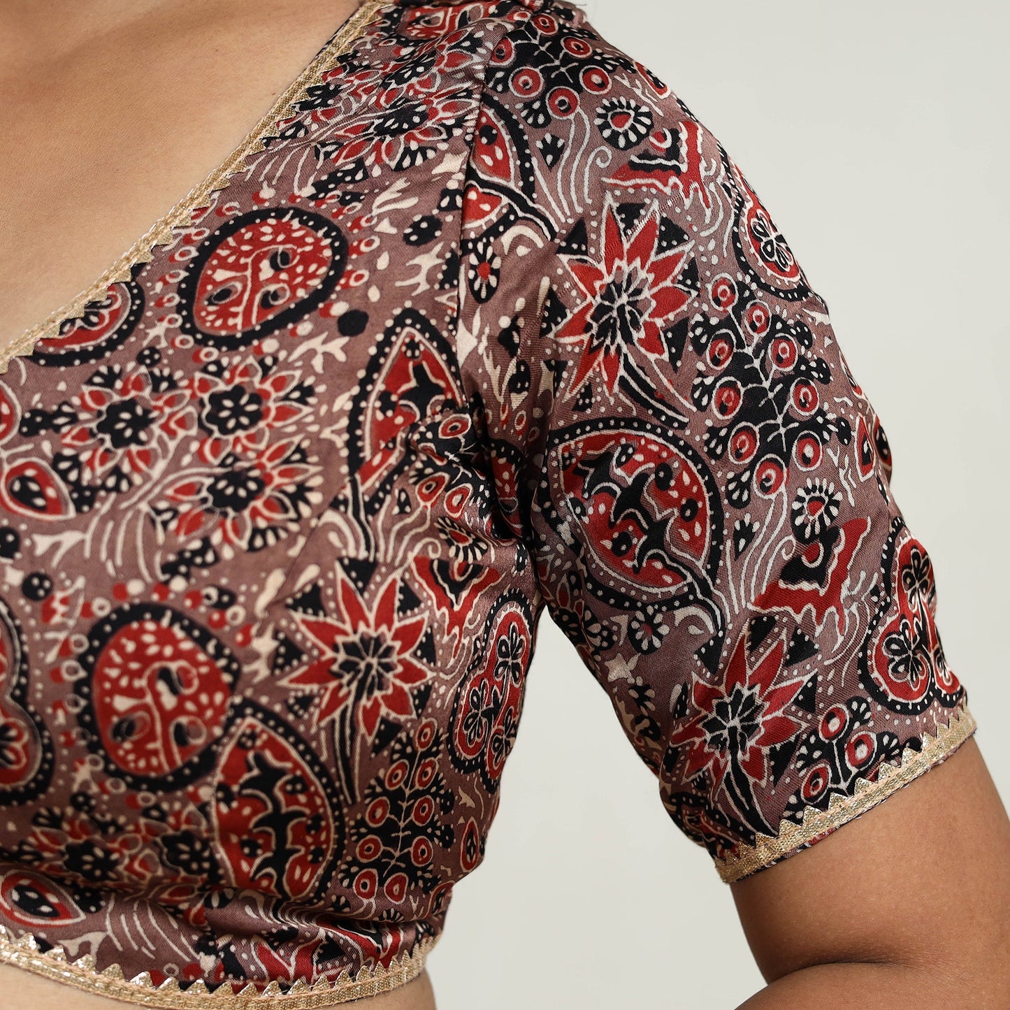 Brown Modal Silk Block Print Stitched Ajrakh Blouse Online