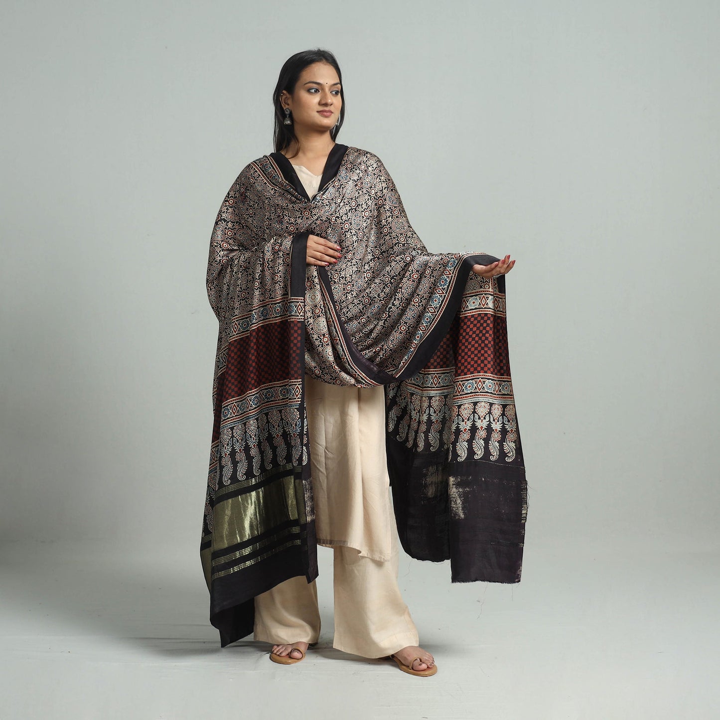 Brown - modal silk dupatta 95 - handcrafted