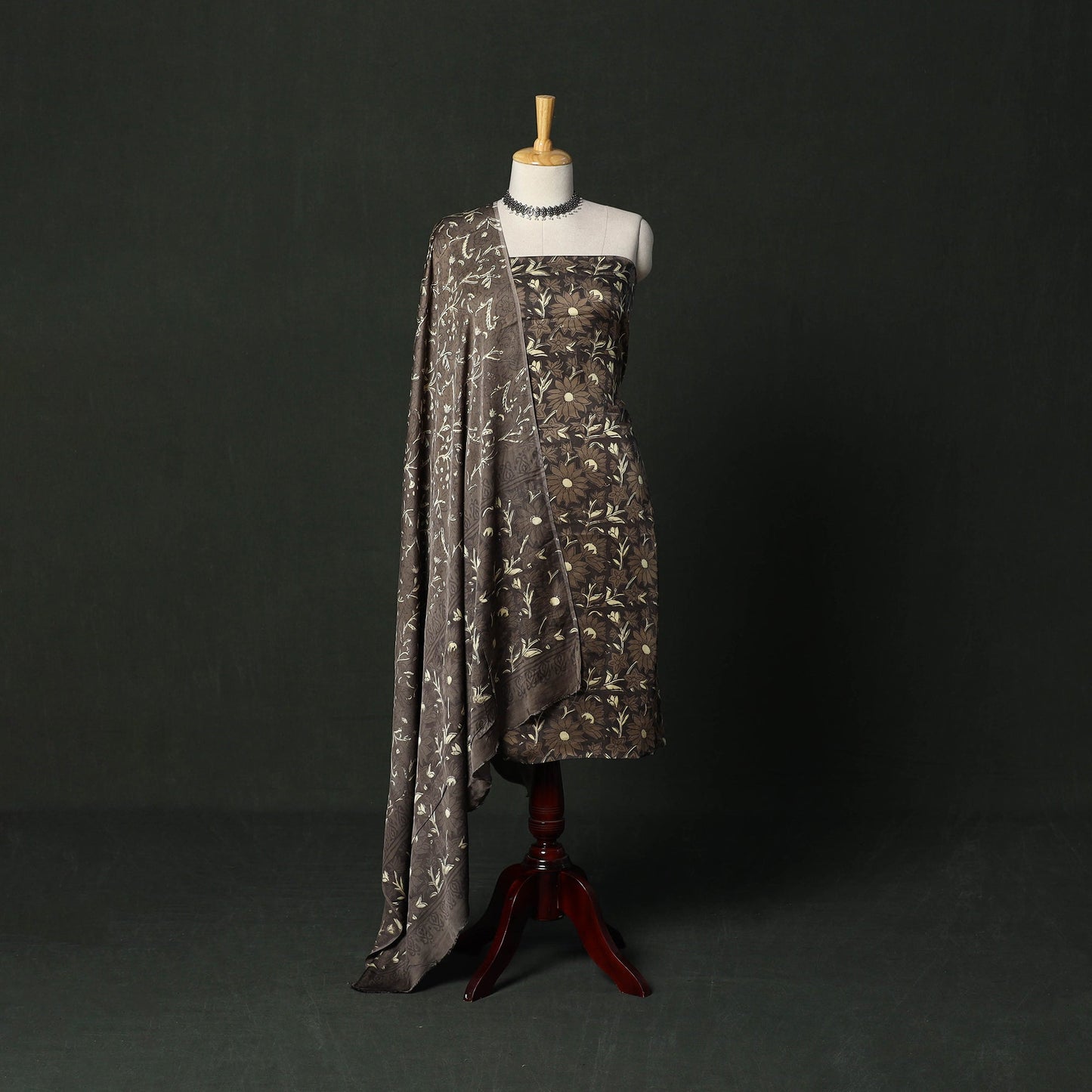 Modal silk hand block bagru print 3pc unstitched dress