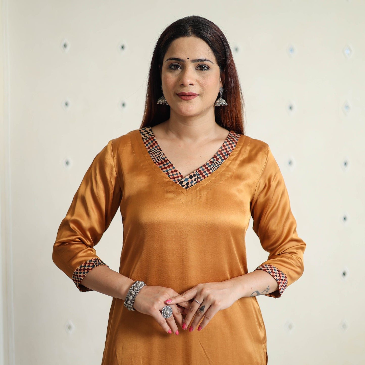 Brown - modal silk plain long straight kurta 46