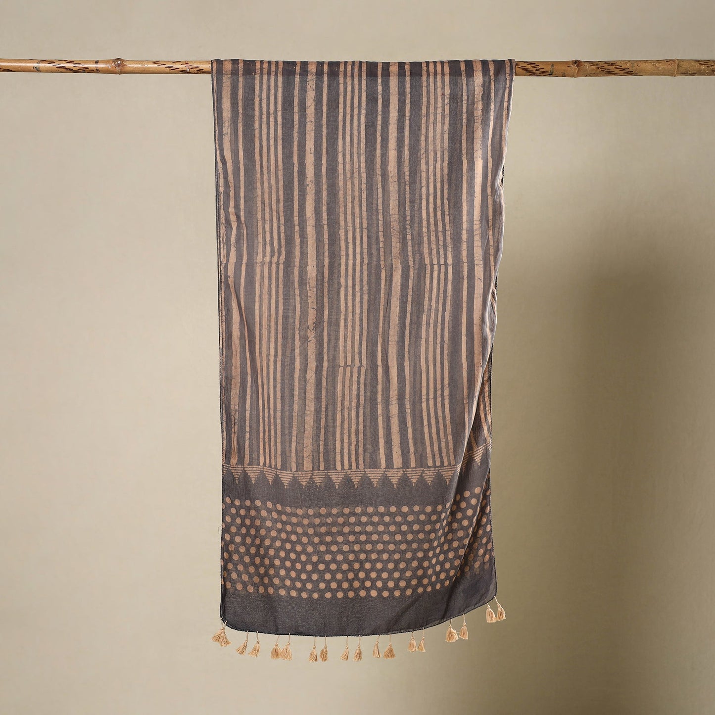 Brown Mul Cotton Hand Batik Print Stole with Tassels