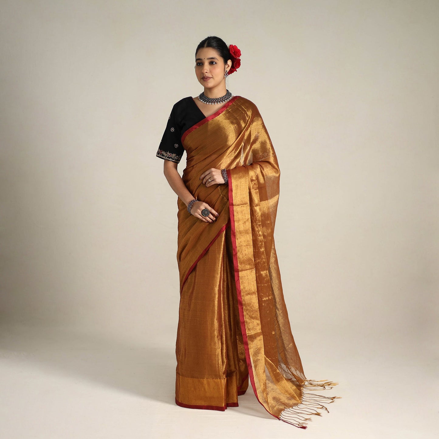 Mul Tissue Zari Brown Bengal Saree with Embroidered Blouse