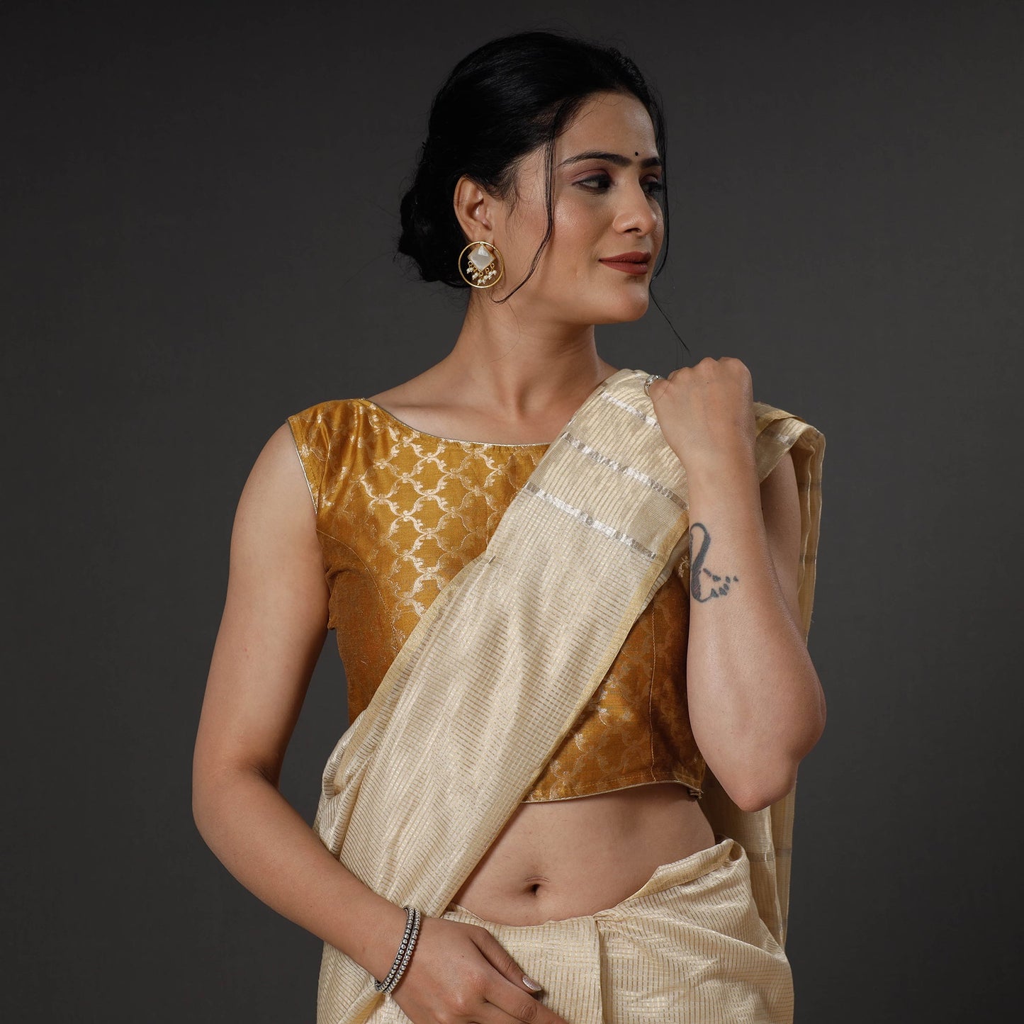 Brown - mustard yellow banarasi silk zari weave stitched