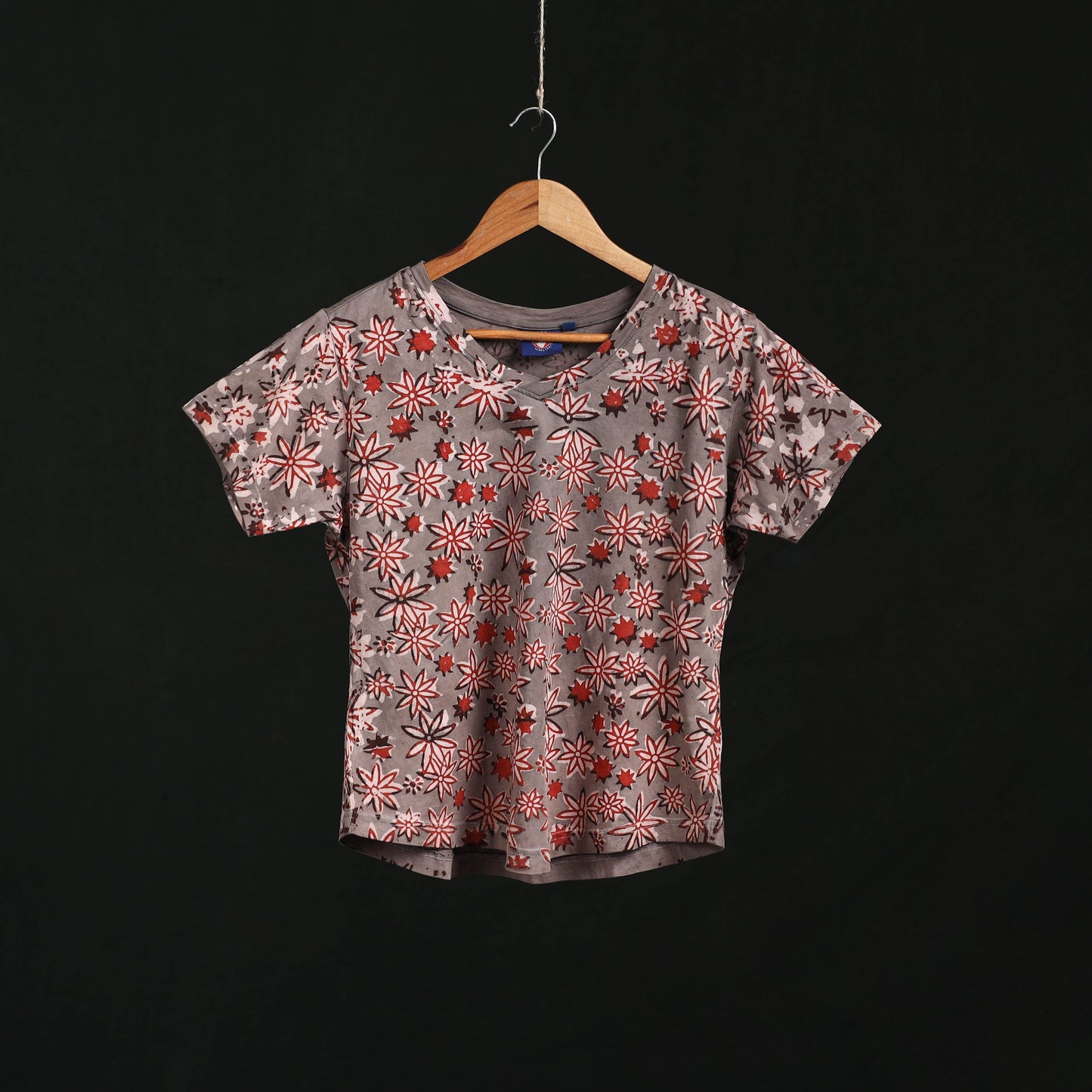 Natural dyed bindaas block art printed cotton v neck