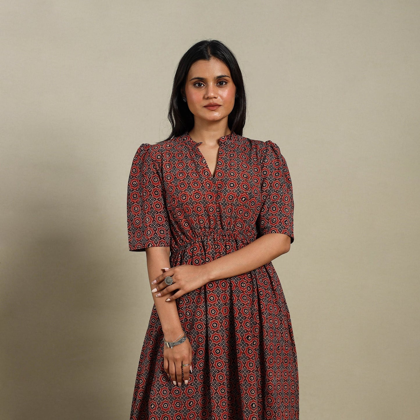 Brown - natural dyed cotton fit & flare dress 05