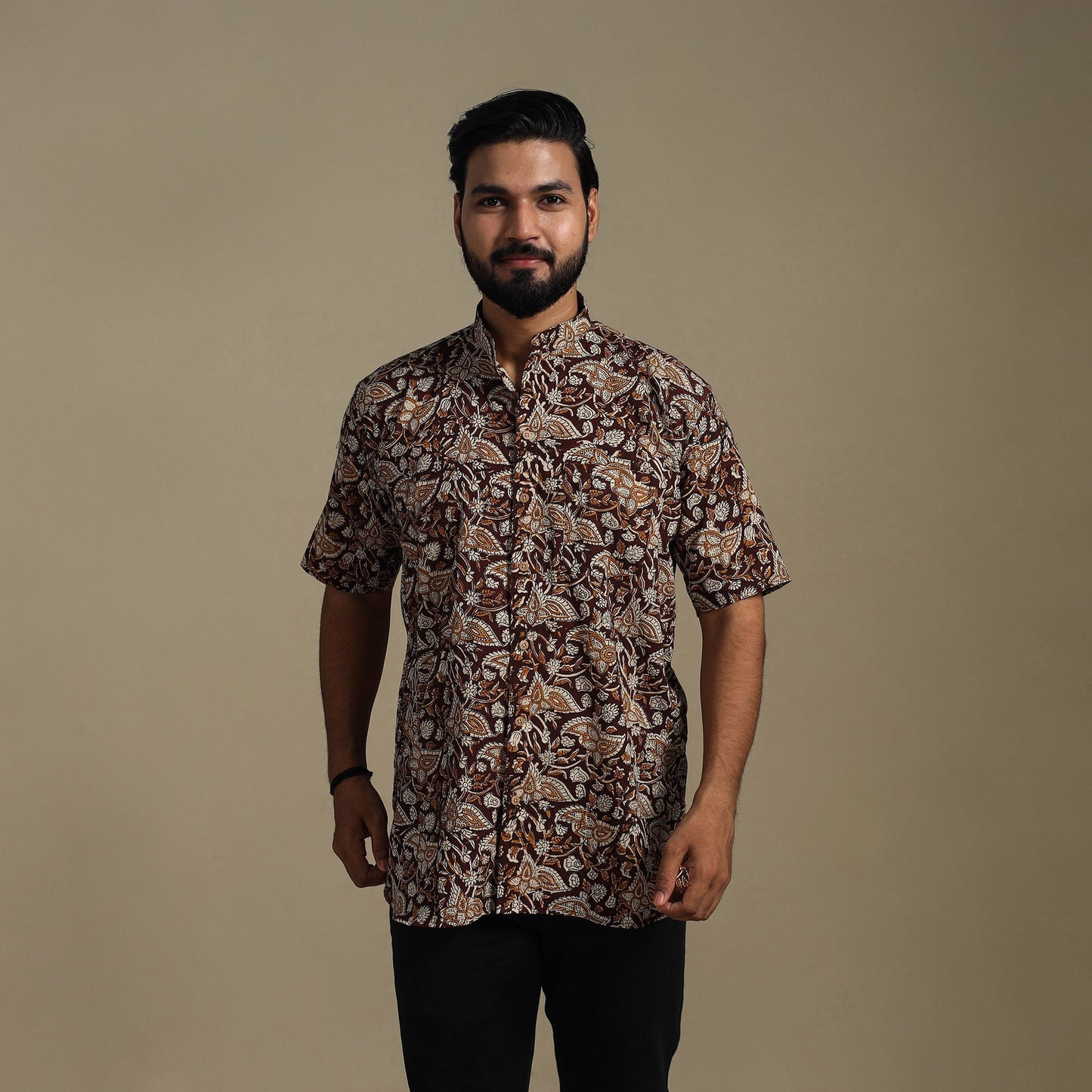 Brown - natural dyed cotton men half sleeve bagru shirt 05